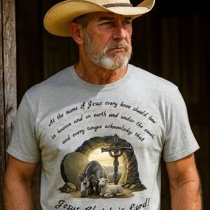 Lamb & Horse Christian Graphic Tee – Resurrection Tomb, Cross & Light Unisex Tee